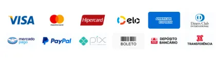 Formas de pagamento: Visa, Mastercard, Hipercard, Elo, American Express, Diners Club, Mercado Pago, PayPal, Pix, Boleto, Depósito bancário e Transferência
